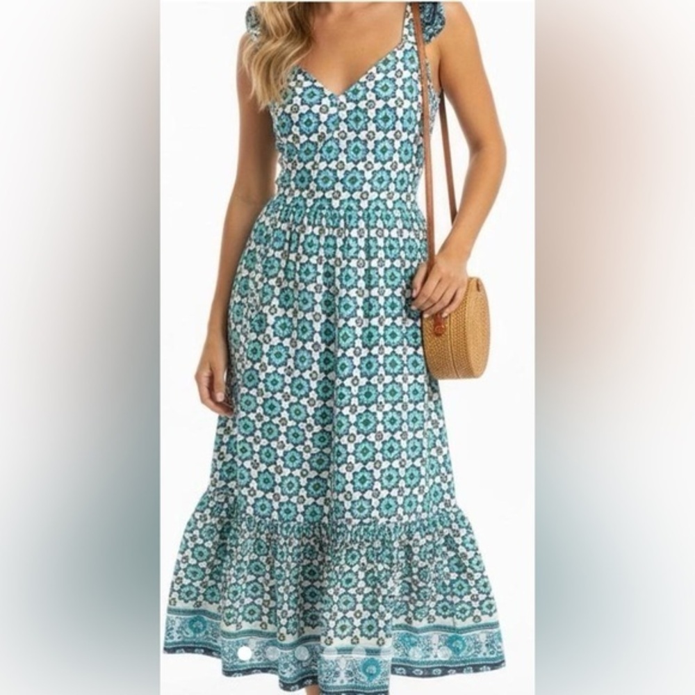NWT LUCKY L Sleeveless Tiered Maxi Dress in a blue and white florals, paisleys